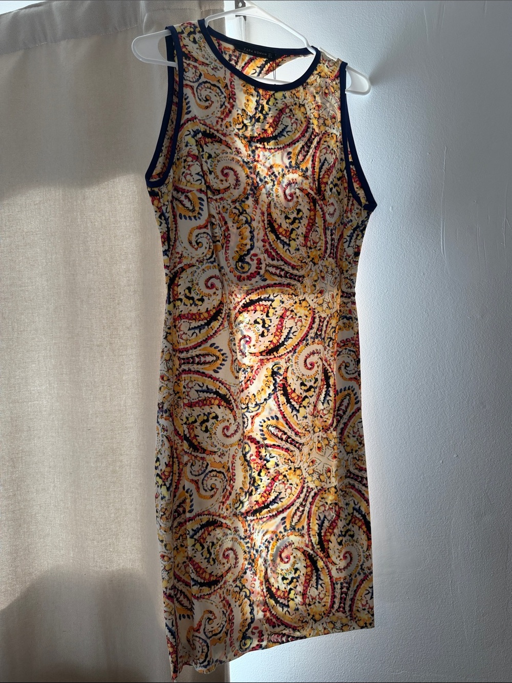 Zara Sleeveless Paisley Mini Dress in Yellow and Navy Trim